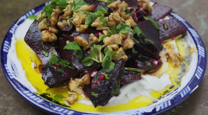 Beetroots Salad, with Drained Yoghurt and Roasted Walnuts.