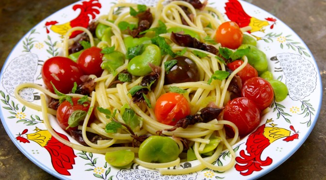 Broad Beans, Mini Tomato & One Day Dried Firefly Squid Linguine