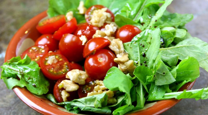 Mini Tomato, Rocket & Walnuts Salad, with Balsamique Vinegar.