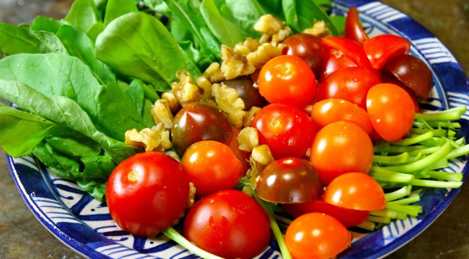 Hummus, Organic Mini Tomatos, Rocket, Walnuts Salad again & again……