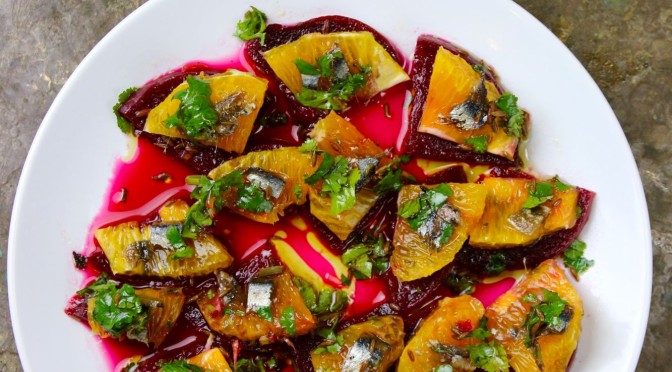 Beetroots, Orange & Anchovies Salad, with Cumin Seeds & Coriander Leaves